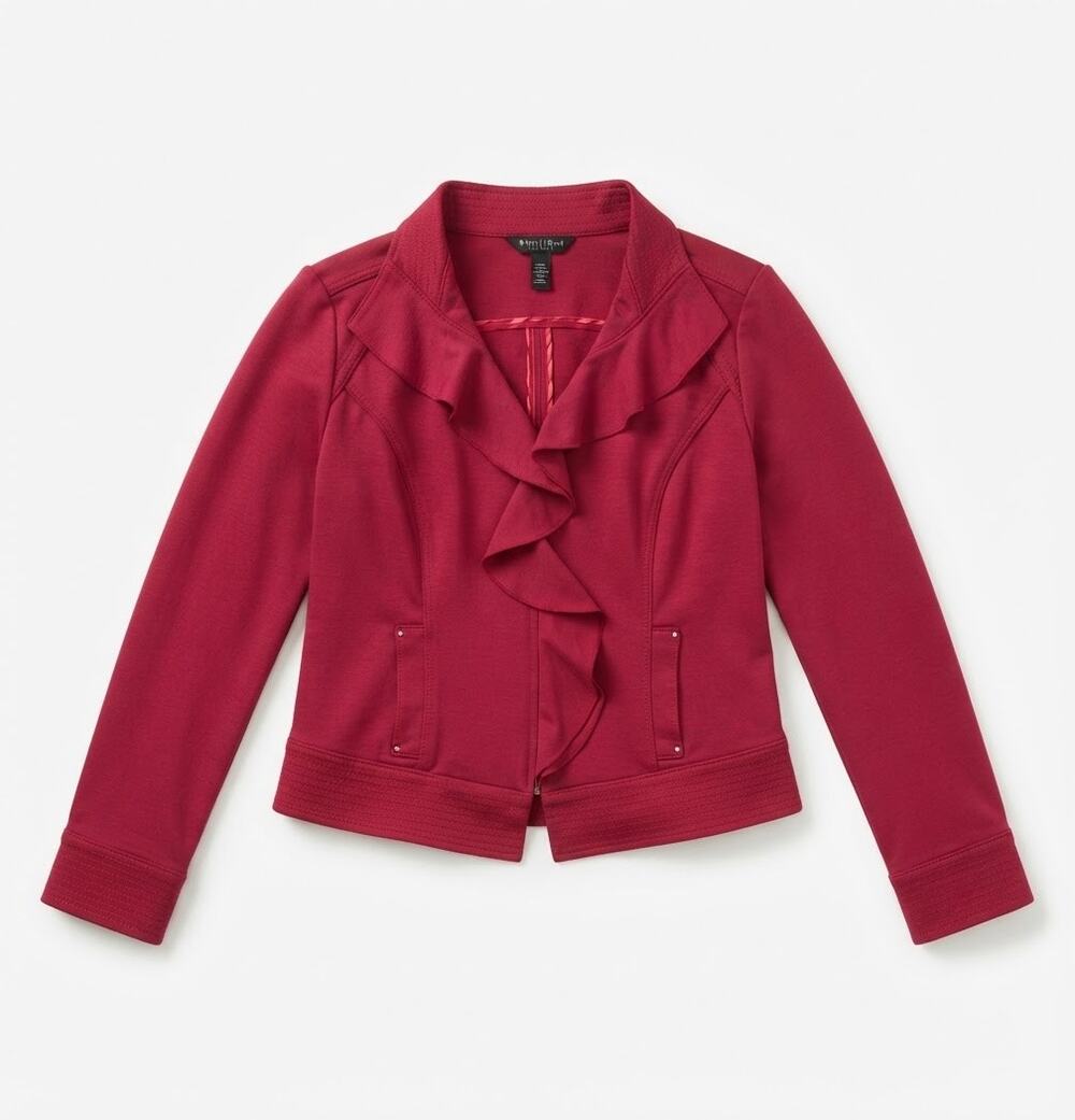 hite House Black Market Jacket Size 12 Red Ruffle Cascade Blazer Zip Up Party